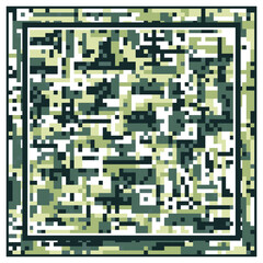 A camouflage scarf pattern with pixelated green and tan square, A square pixel pattern featuring alternating green and white colors, creating a visually striking geometric design.