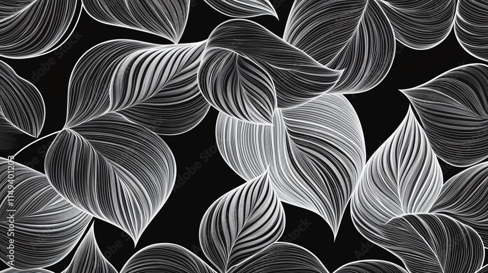 Aufkleber elegant black and white leaf pattern showcasing flowing lines and intricate details in a modern desi