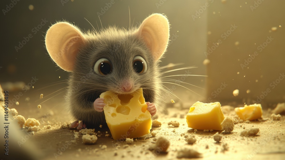 Poster cute tiny mouse enjoying cheese with playful expression in light
