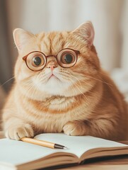 Funny orange tabby cat wearing glasses with a pen on an open journal in a home office