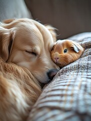Golden retriever and guinea pig snuggling together on a blanket