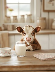 Adorable calf indoors at a rustic kitchen table with a glass of milk