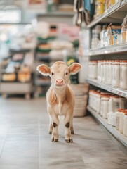 Adorable calf standing in a grocery store aisle near dairy products