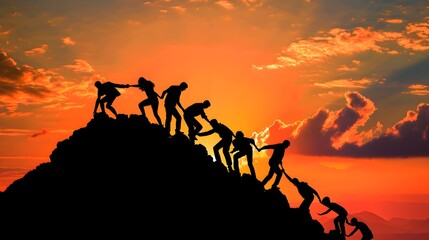 Group of people climbing a mountain at sunset in a silhouette. Support, collaboration and teamwork concept for work success
