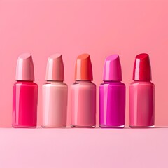 Five colorful nail polish bottles in shades of pink on a pink background. Themed manicure ideas for Valentine's day
