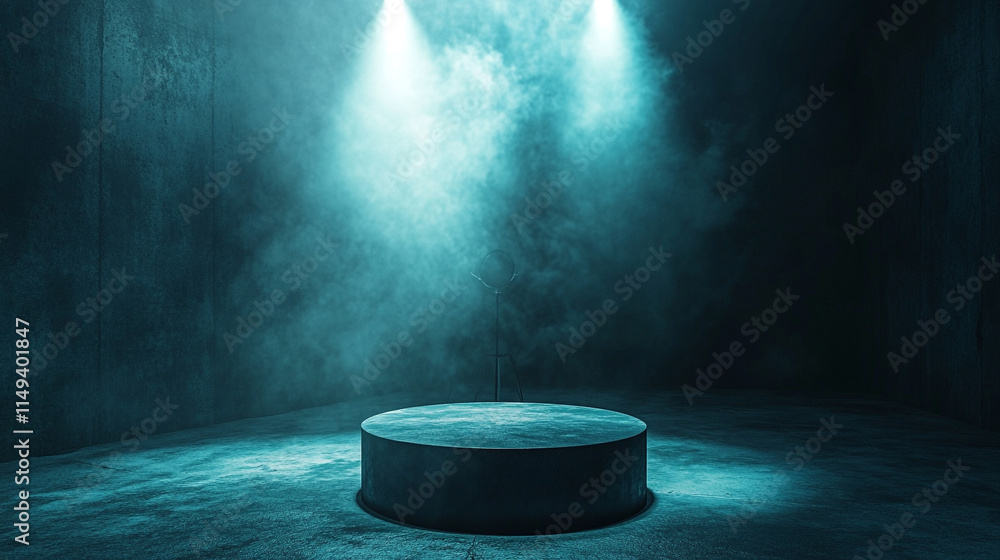 Aufkleber spotlit stage with fog in a dark room creating a mysterious atmosphere.