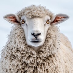 A close-up of a fluffy sheep with a calm expression against a soft background.