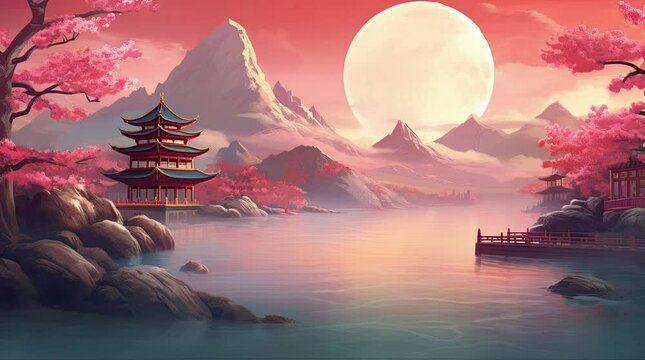 A view of an ancient Chinese building, a river, rocky mountains, and a giant planet in the sky. 4k animated video