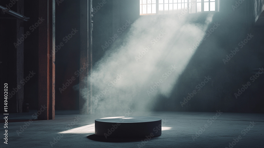 Poster light beams illuminate a foggy room with a circular platform inside.