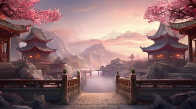 A view of ancient Chinese buildings, a river, and rocky mountains. 4k animated video