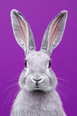 Fototapeta premium A close-up of a gray rabbit with large ears against a vibrant purple background.