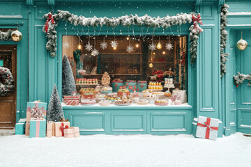 Festive shop window displays delicious Christmas treats during snowfall. Colorful sweets, pastries beautifully arranged on teal-colored shop window display. Decorated with Christmas lights, festive