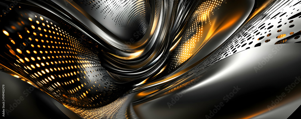 Poster abstract swirling design with black and gold tones and dotted patterns.