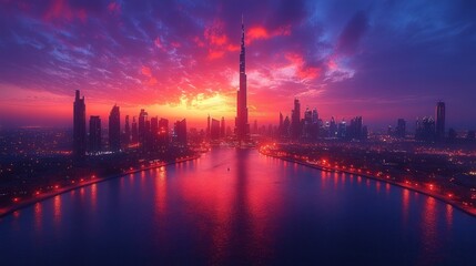 Fototapeta premium Dubai skyline, fiery sunset, water reflection.
