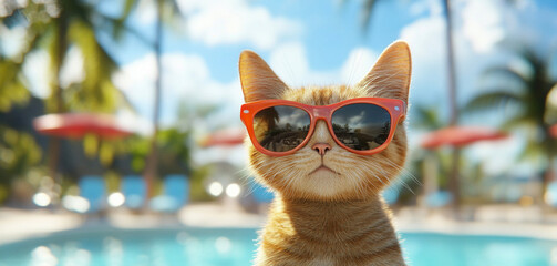 Obraz premium サングラスをかけた猫と夏のプールの背景 Generated image