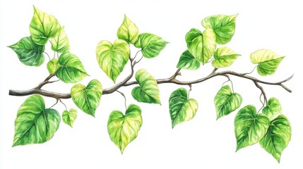 Watercolor Branch with Green Leaves