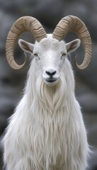 Fototapeta premium A majestic white goat with large, curved horns against a blurred background.