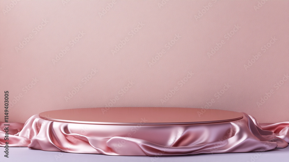 Poster elegant round platform adorned with soft pink fabric draping decoratively.