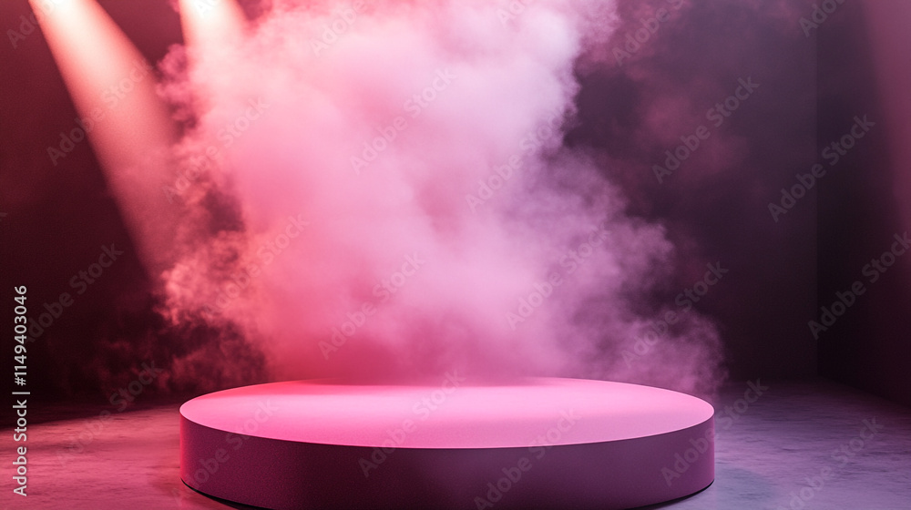 Poster stage with colorful fog in modern performance space during event.