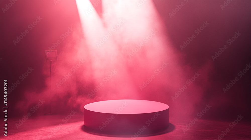 Poster spotlight shines on a circular stage with mist in a dramatic setting.