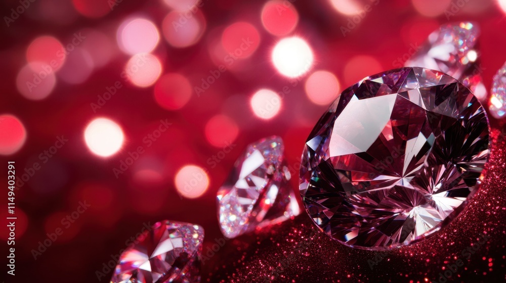Poster sparkling gemstones on vibrant red background with bokeh effect