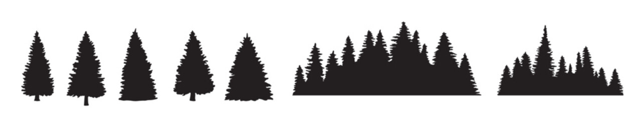 vintage trees forest silhouettes set outline coniferous forest isolated vector illustration