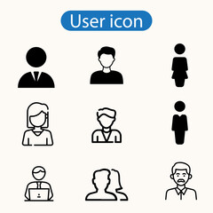 Standard User Icon Set with Men, Women, and Multiple People vector art illustration on white background.
