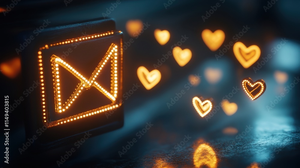 Poster glowing mail icon with floating hearts in a dark environment