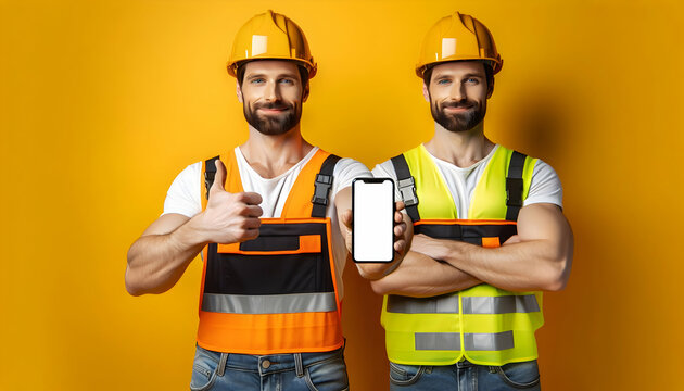 Billboard A man in workwear (reflective vest and hard hat) stands confidently next to a large smartphone with 1