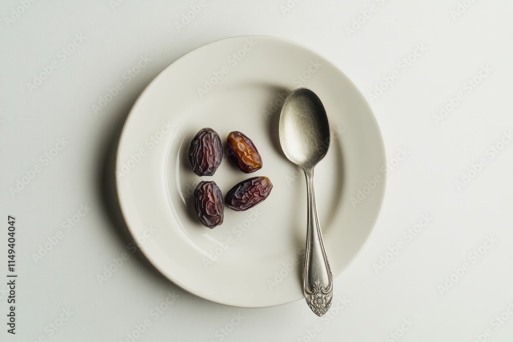Poster four dates on a plate with a spoon.