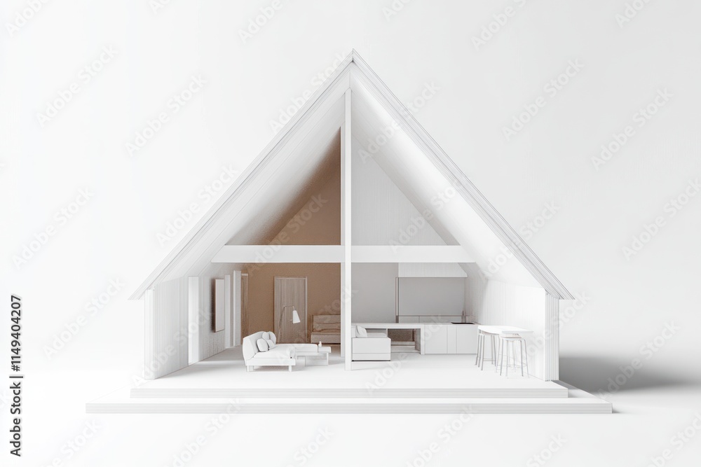 Poster white cross-section of a-frame house showing interiors.