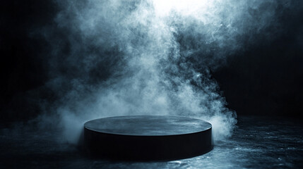 Unlit stage with a fog effect creating an atmosphere for a performance. 