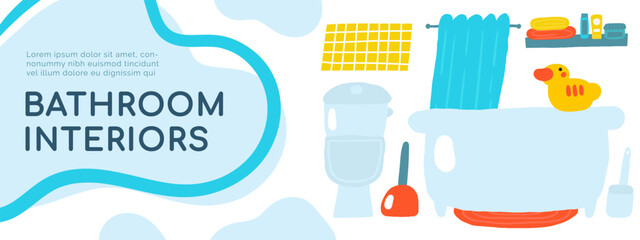 Bathroom interior cute hand drawn doodle composition, banner with funny hand drawn doodle text space, toilet, urinal, duck, tile, plunger, towel, curtain. Modern flat apartment restroom elements