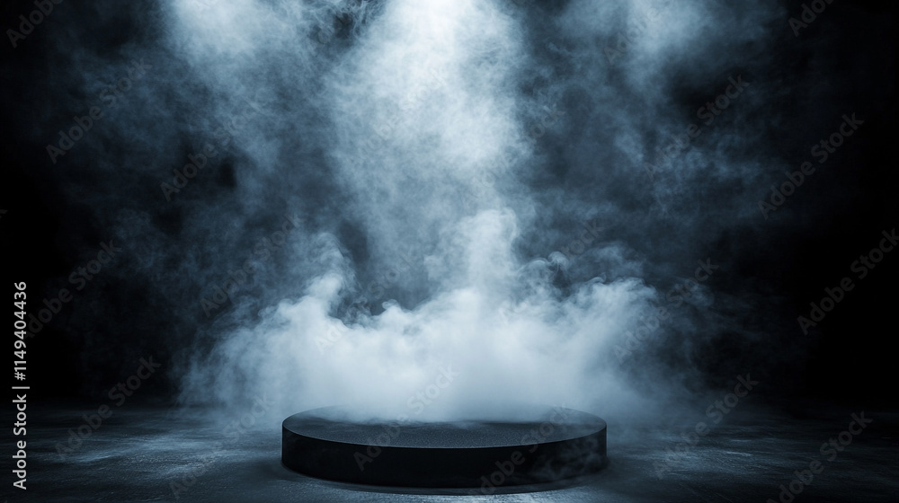 Poster stage with dramatic fog and lighting creating an atmospheric effect at night.