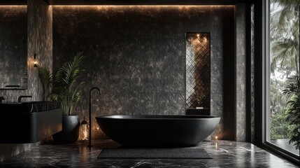 Luxurious Dark Bathroom Interior with Freestanding Tub