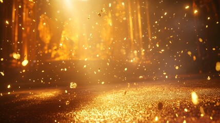 Golden light rays shining down on the ground, creating an enchanting and magical atmosphere. The background is dark with a blurred, golden dust particle background.
