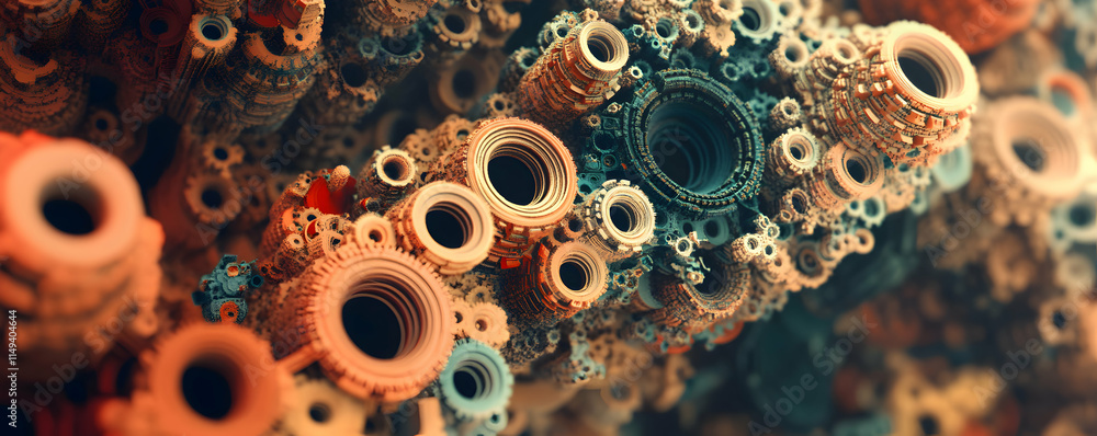 Poster abstract representation of intricate structures resembling organic formations.