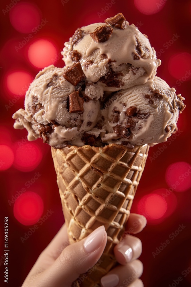 Aufkleber ice cream cone with chocolate chunks on red bokeh background.