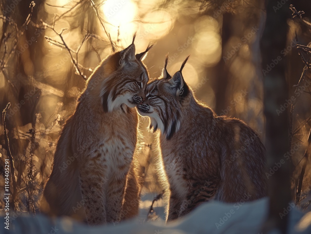 Poster two bobcats touching noses in snowy woods, sunset bokeh.