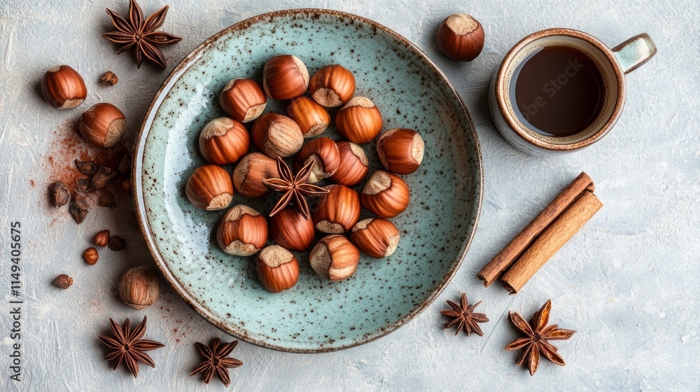 Poster hazelnuts on plate with spices and coffee.