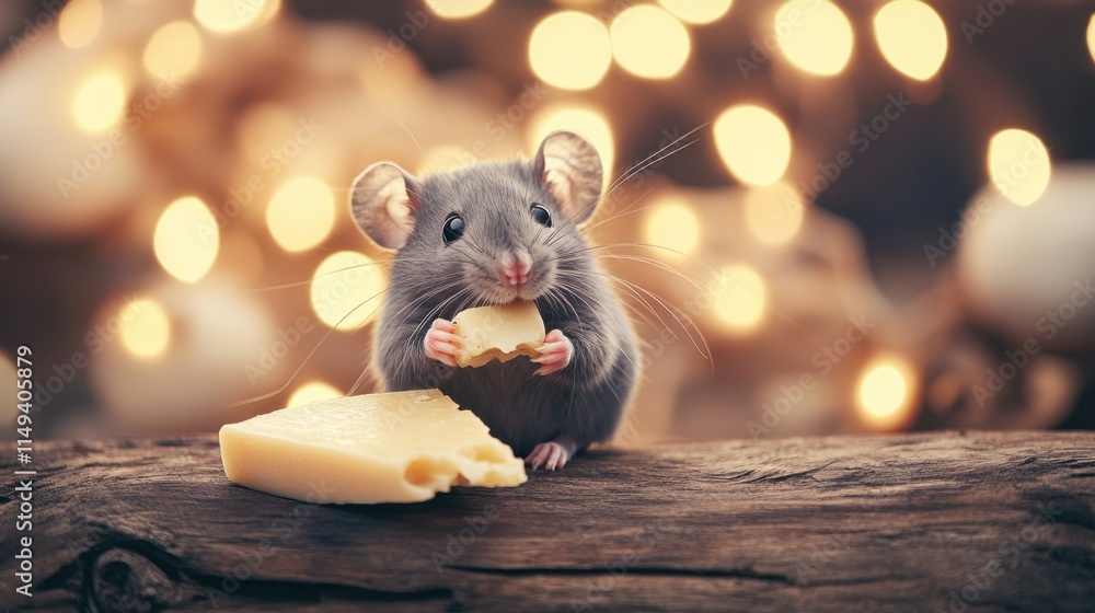 Poster cute mouse enjoying cheese with soft bokeh background effect