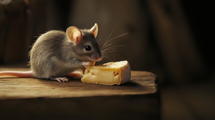 Adorable Mouse Enjoying a Piece of Cheese on Rustic Wooden Table