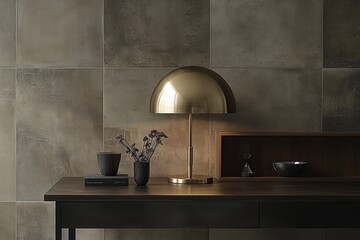 Modern Brass Desk Lamp on Dark Wooden Desk with Textured Wall