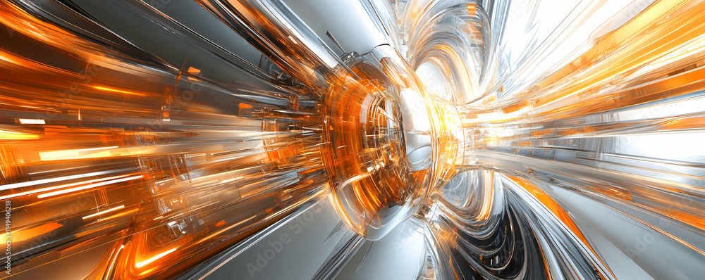 Poster abstract visualization of dynamic energy flow with metallic and orange hues.