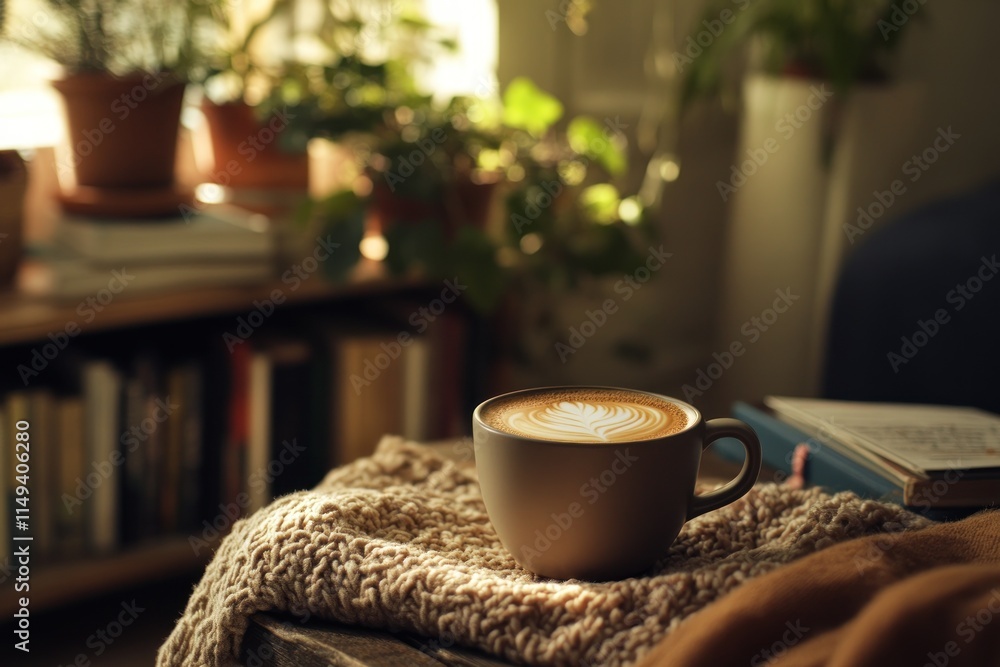 Poster cup of latte art with plants and books on a table.