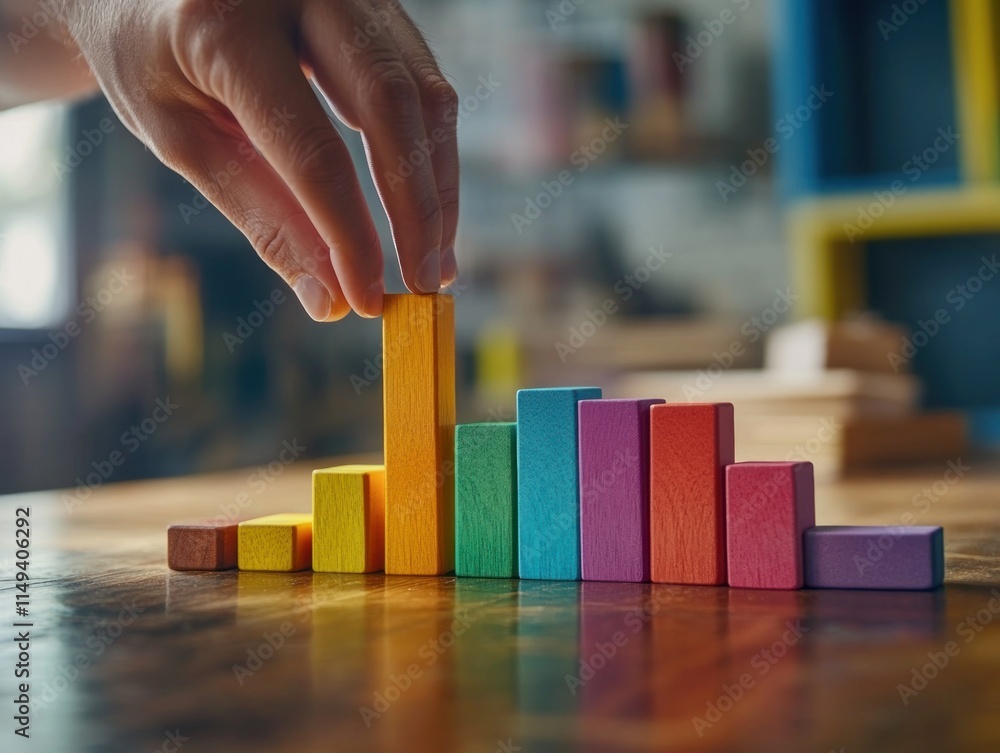 Poster hand arranges colorful wooden blocks into a bar chart.