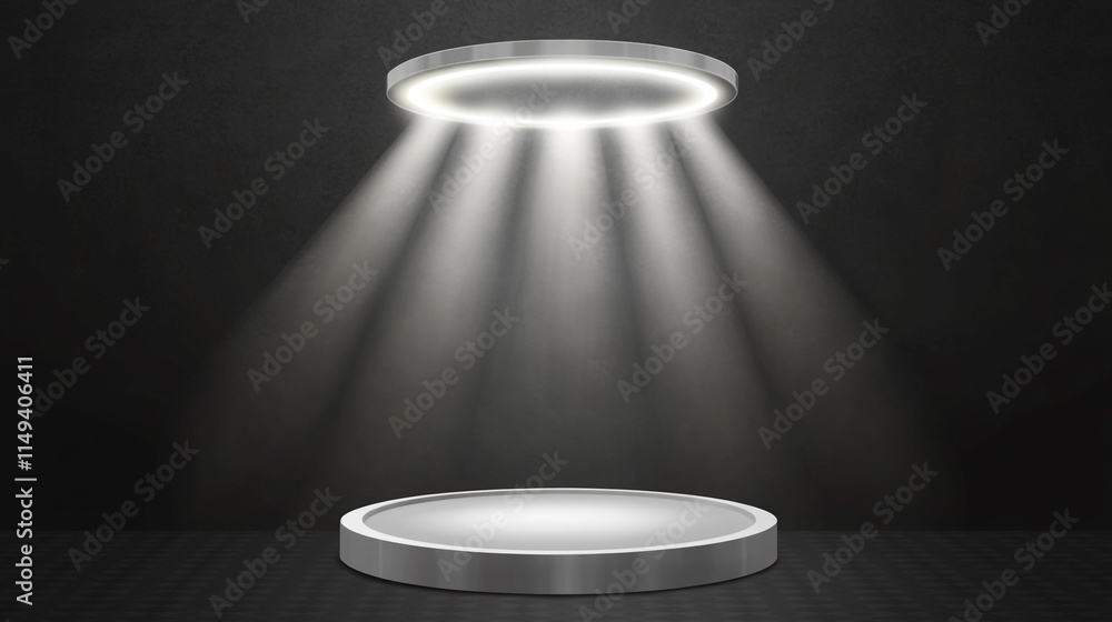 Poster spotlight shining on an empty circular stage in a darkened environment.