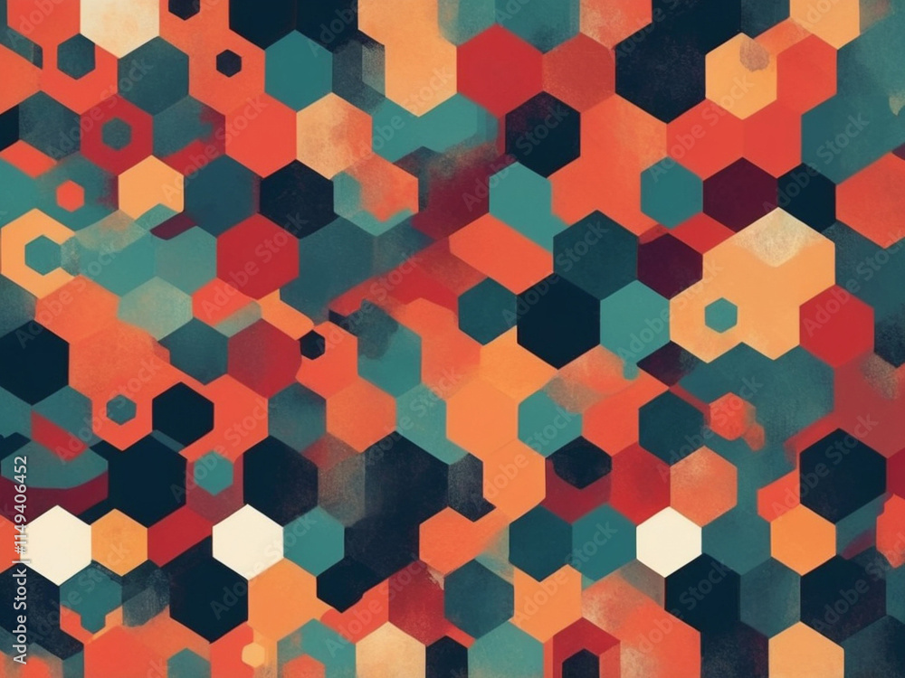 Poster a seamless geometric pattern with triangles and hexagons in bold, contrasting colors