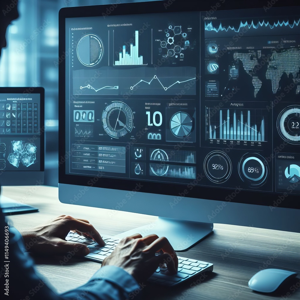 Poster a businessman presses a virtual button on a futuristic screen with a digital network and social medi