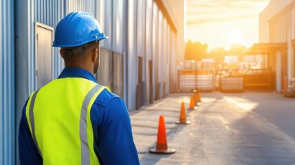 Construction site safety, man in hard hat and safety vest emphasizing workplace precautions gear